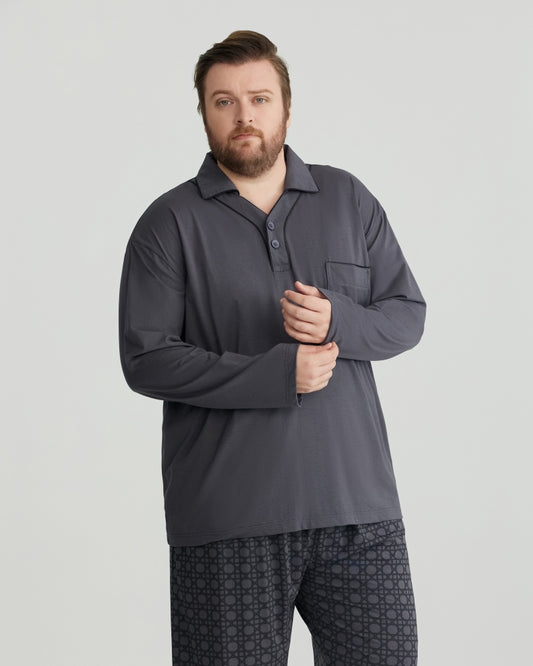 RC Modal Gray Solid Collared Top & Checkered Pants Long Sleeves Pajamas Set