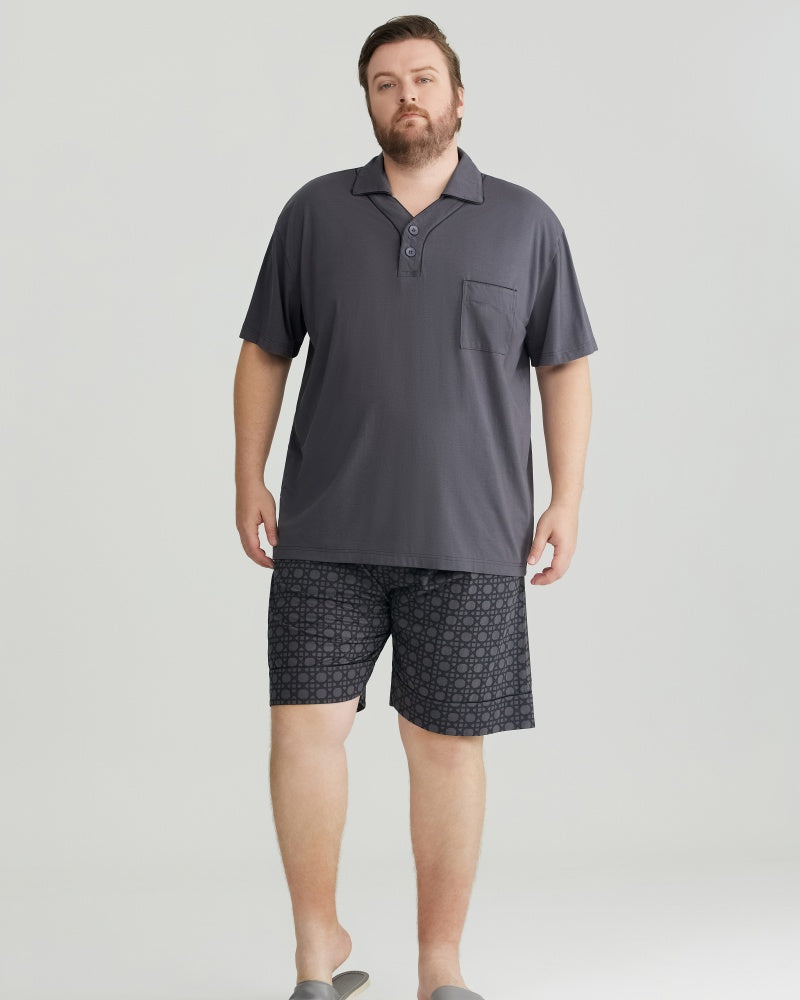 Gray Solid Top & Checkered Shorts RC Modal Pajama Set with Collar
