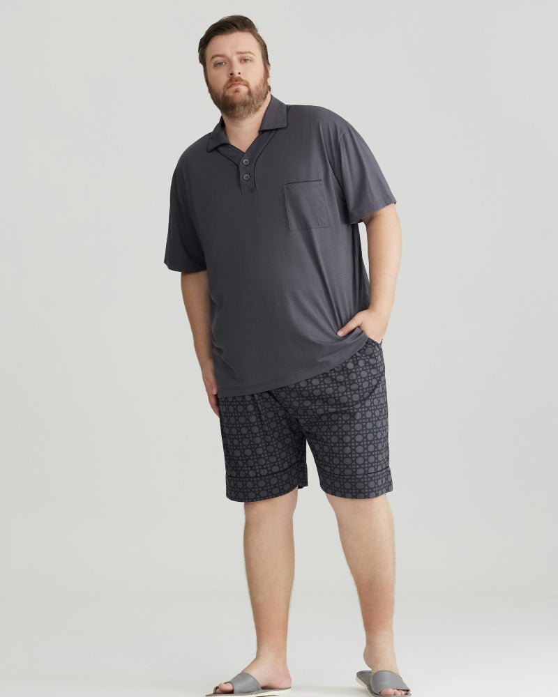 Gray Solid Top & Checkered Shorts RC Modal Pajama Set with Collar
