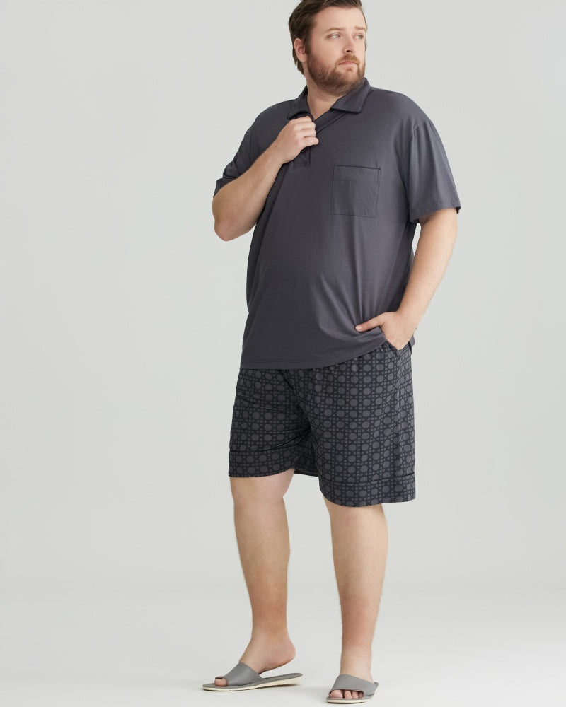 Gray Solid Top & Checkered Shorts RC Modal Pajama Set with Collar
