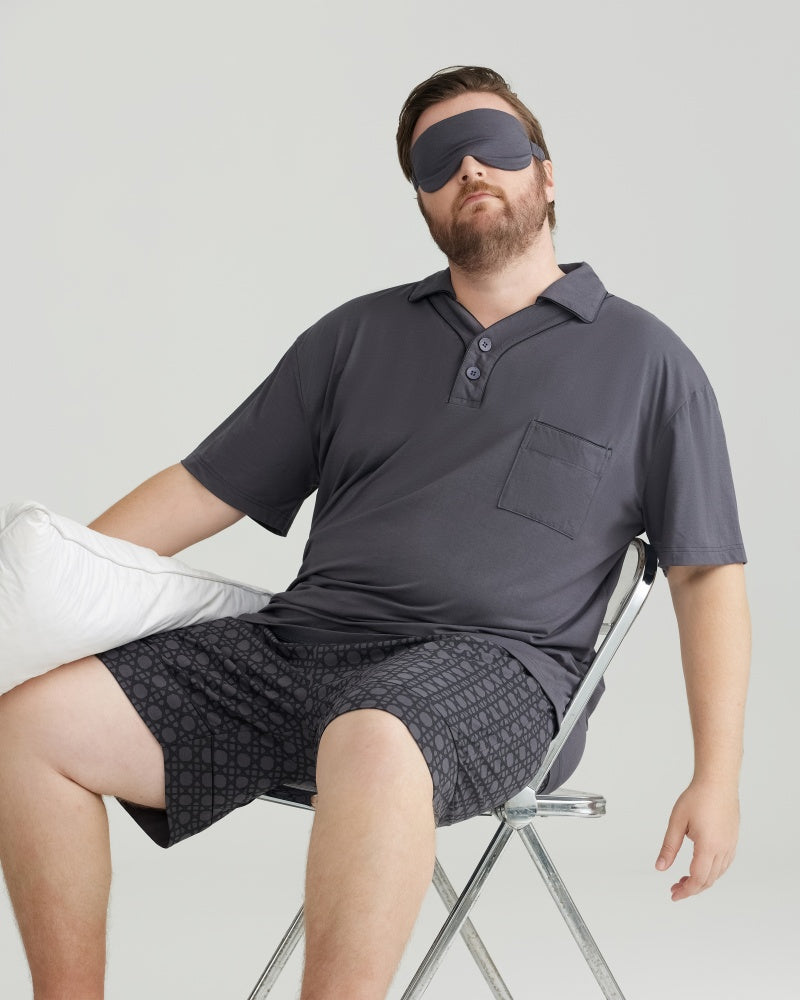 Gray Solid Top & Checkered Shorts RC Modal Pajama Set with Collar