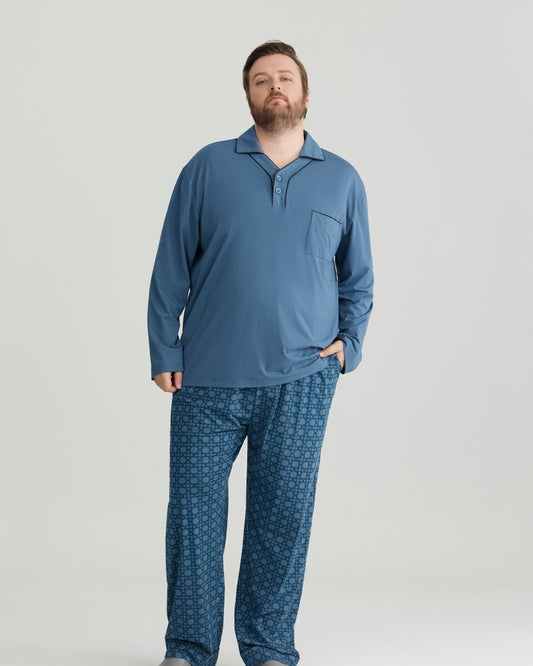 RC Modal Blue Solid Collared Top & Checkered Pants Long Sleeves Pajamas Set