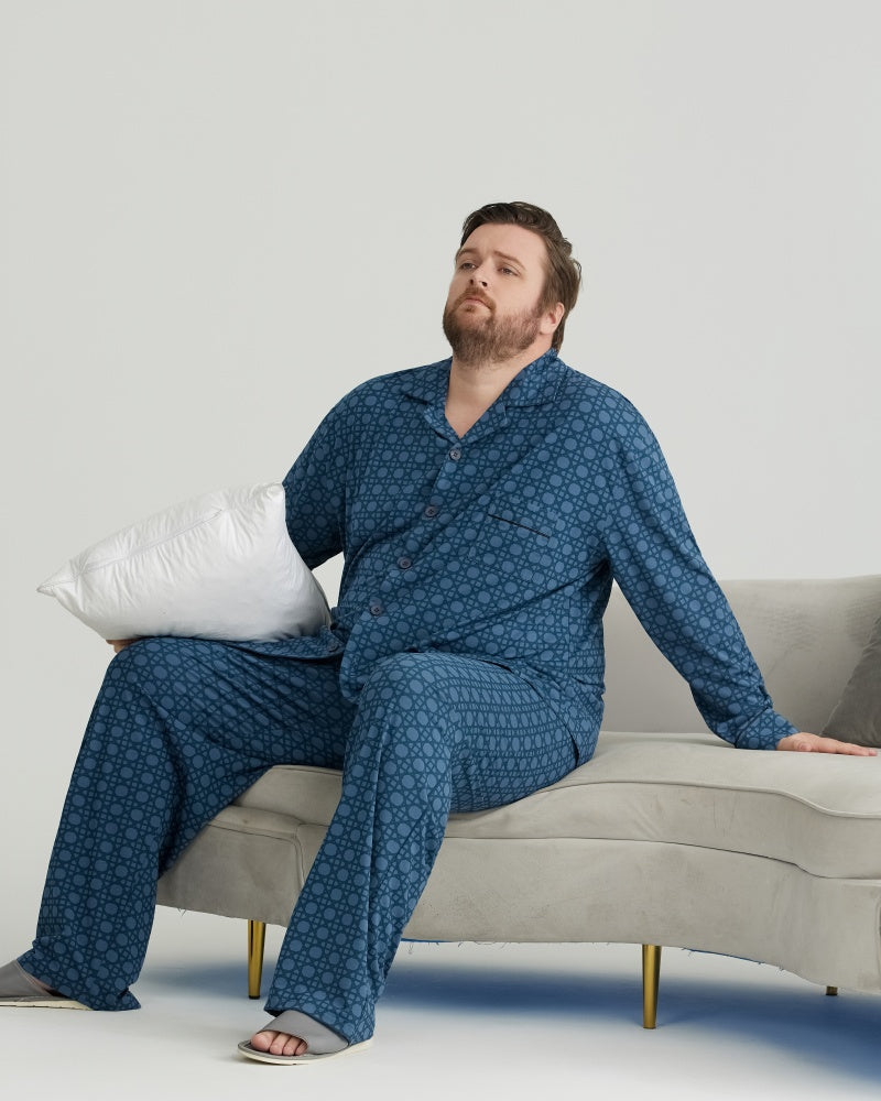 Deep Blue Checkered Pattern RC Modal Long Sleeves Pajamas Set