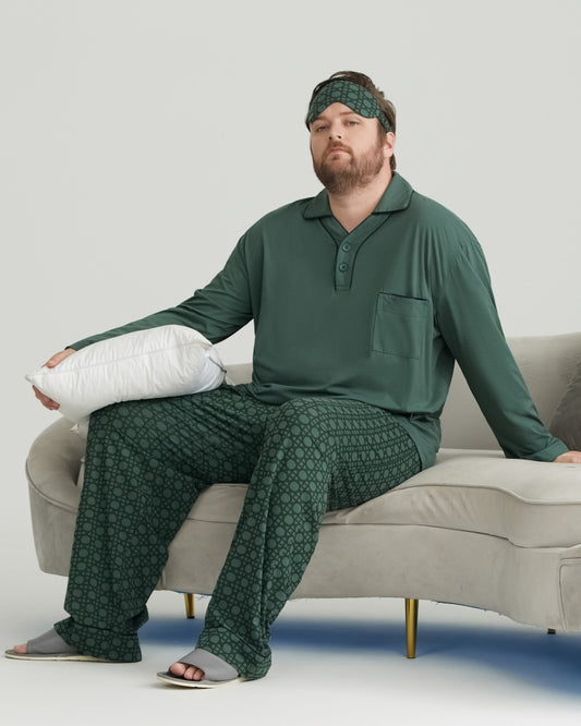 RC Modal Green Solid Collared Top & Checkered Pants Long Sleeves Pajamas Set