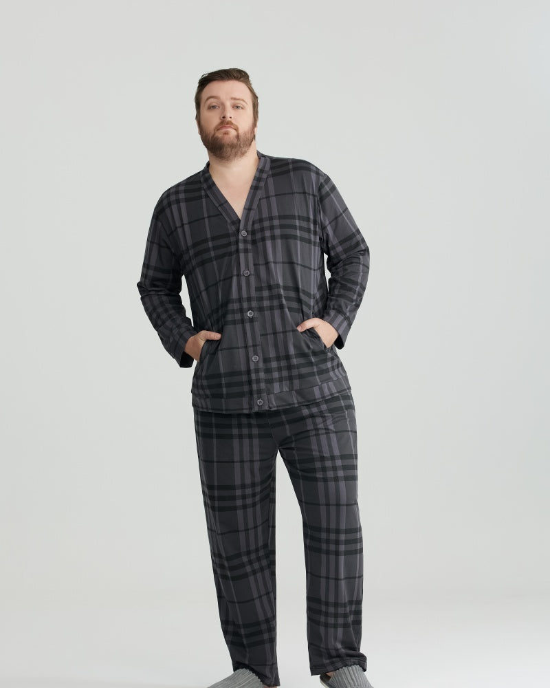 Charcoal Wavy Plaid Combed Cotton Long Sleeves Pajamas Set