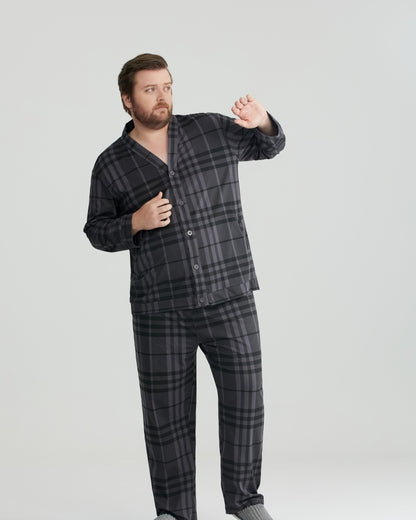 Charcoal Wavy Plaid Combed Cotton Long Sleeves Pajamas Set