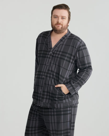 Charcoal Wavy Plaid Combed Cotton Long Sleeves Pajamas Set