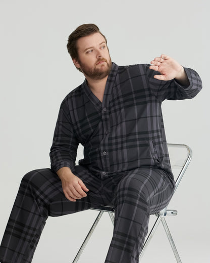 Charcoal Wavy Plaid Combed Cotton Long Sleeves Pajamas Set