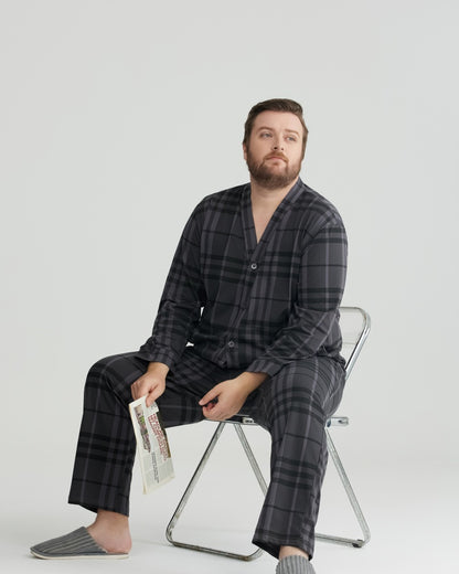 Charcoal Wavy Plaid Combed Cotton Long Sleeves Pajamas Set