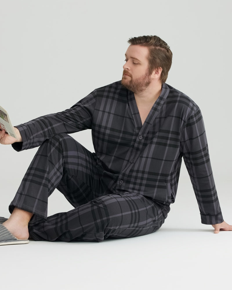Charcoal Wavy Plaid Combed Cotton Long Sleeves Pajamas Set