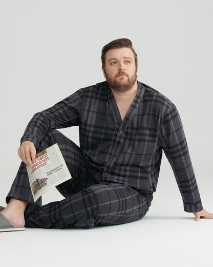 Charcoal Wavy Plaid Combed Cotton Long Sleeves Pajamas Set