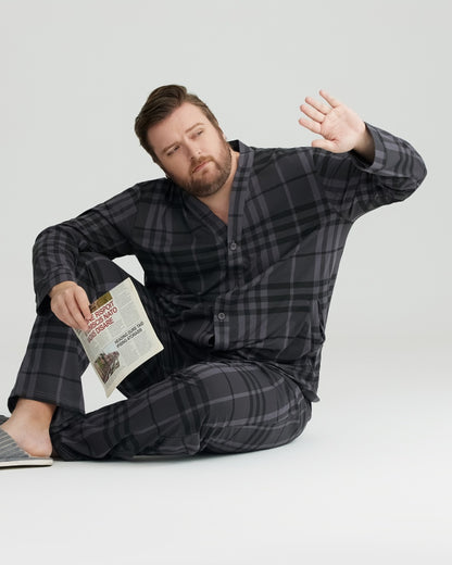 Charcoal Wavy Plaid Combed Cotton Long Sleeves Pajamas Set