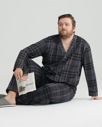 Charcoal Wavy Plaid Combed Cotton Long Sleeves Pajamas Set