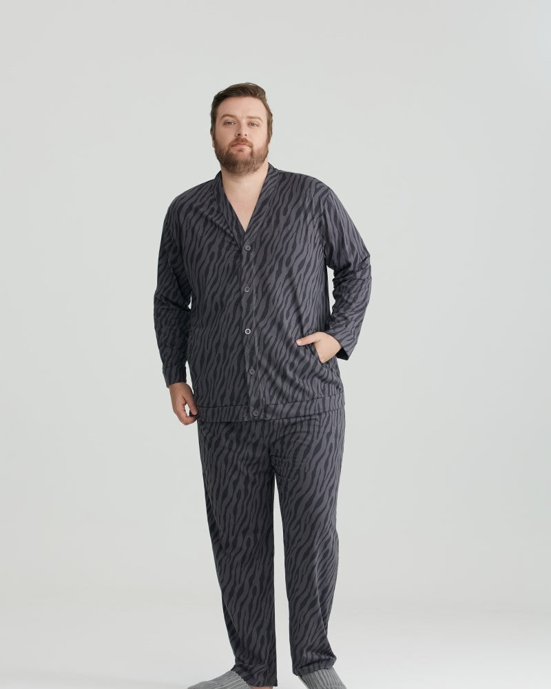 Charcoal Wavy Stripe Combed Cotton Long Sleeves Pajamas Set