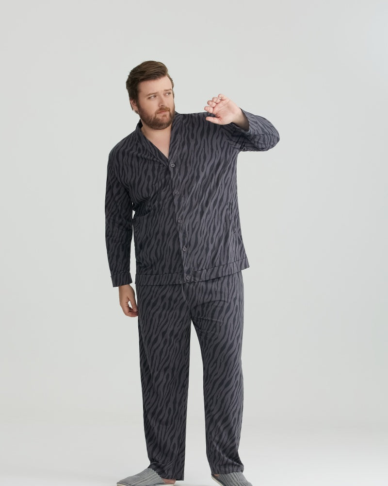 Charcoal Wavy Stripe Combed Cotton Long Sleeves Pajamas Set