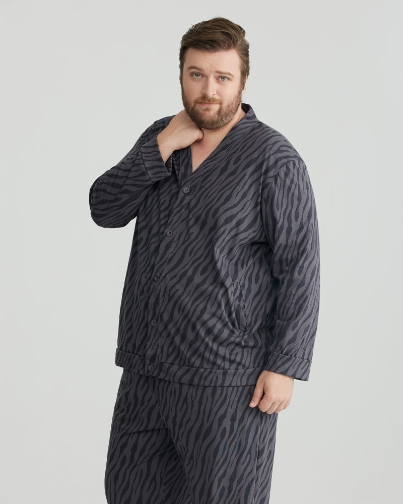 Charcoal Wavy Stripe Combed Cotton Long Sleeves Pajamas Set