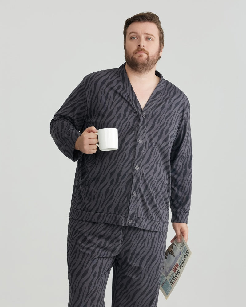 Charcoal Wavy Stripe Combed Cotton Long Sleeves Pajamas Set