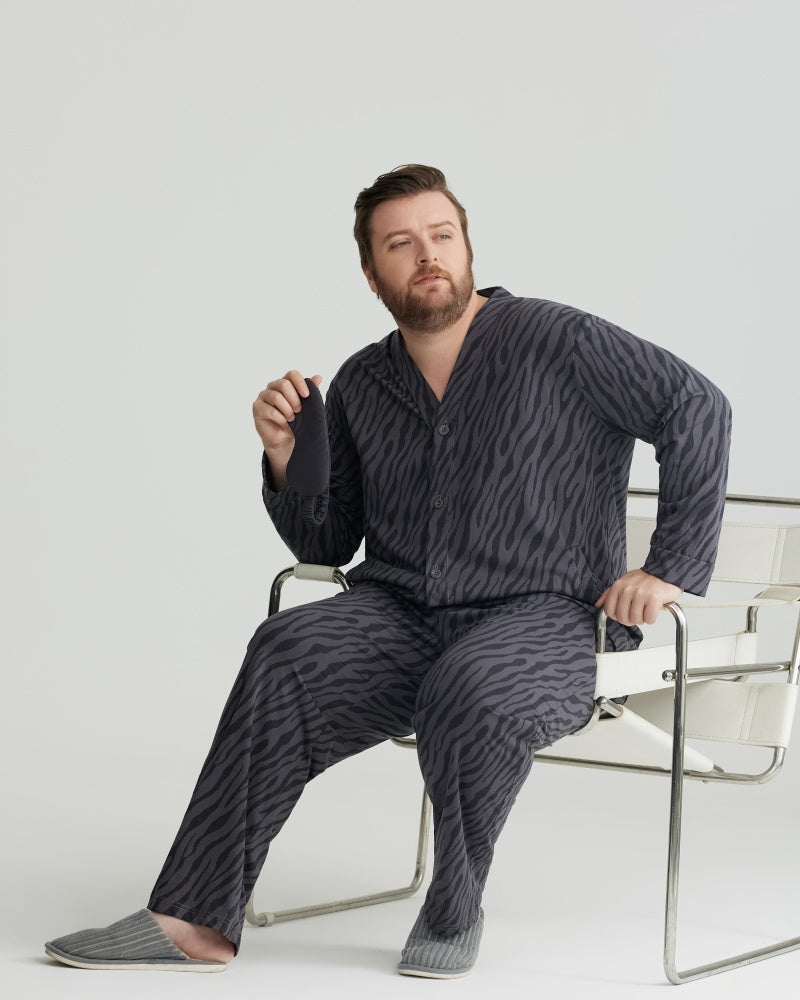Charcoal Wavy Stripe Combed Cotton Long Sleeves Pajamas Set