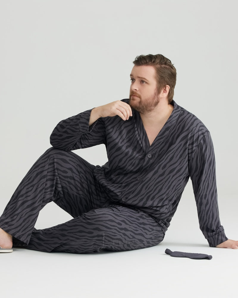 Charcoal Wavy Stripe Combed Cotton Long Sleeves Pajamas Set