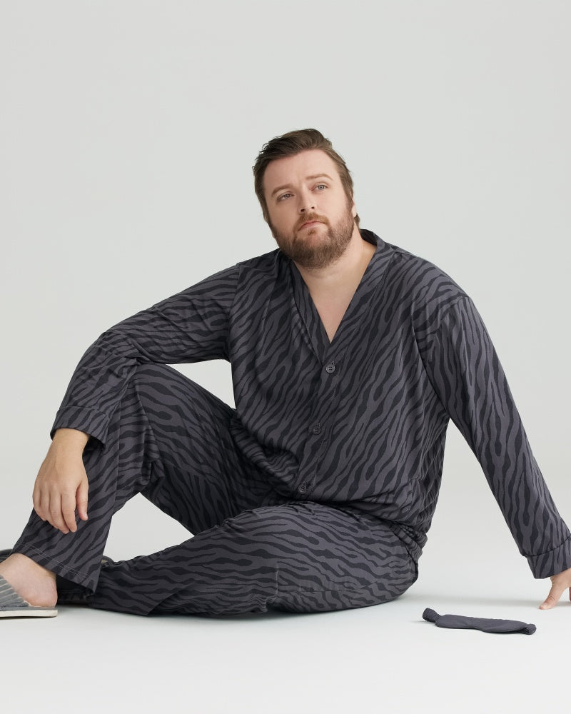 Charcoal Wavy Stripe Combed Cotton Long Sleeves Pajamas Set