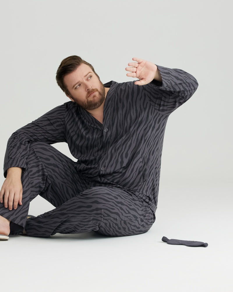 Charcoal Wavy Stripe Combed Cotton Long Sleeves Pajamas Set