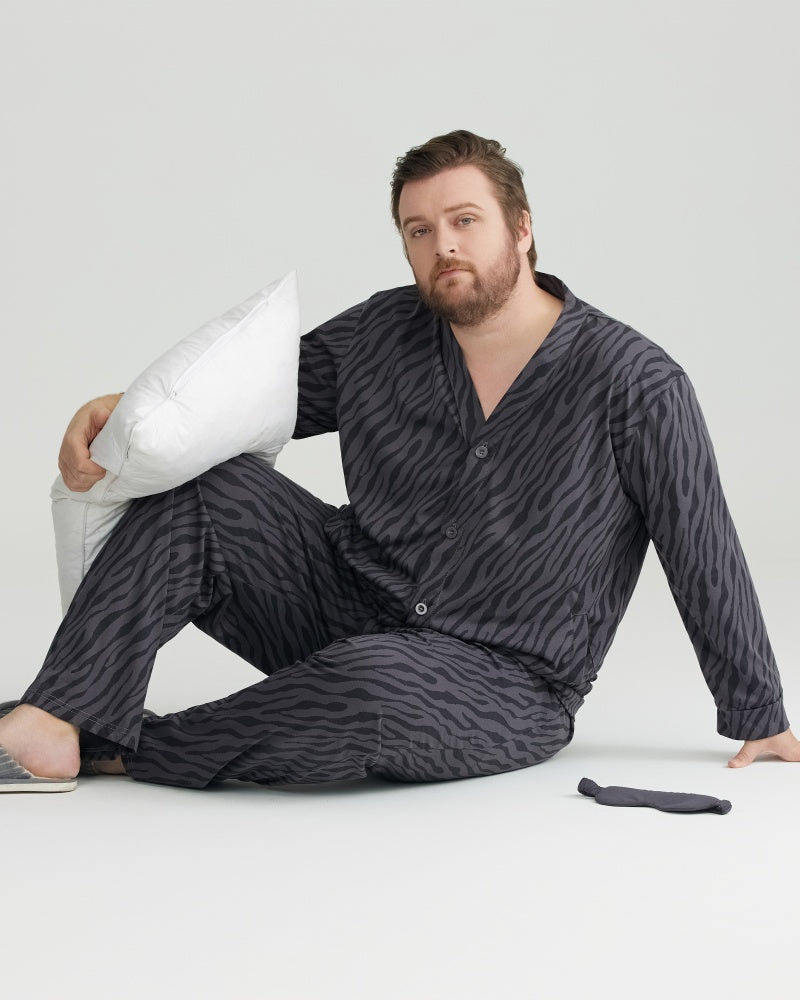 Charcoal Wavy Stripe Combed Cotton Long Sleeves Pajamas Set