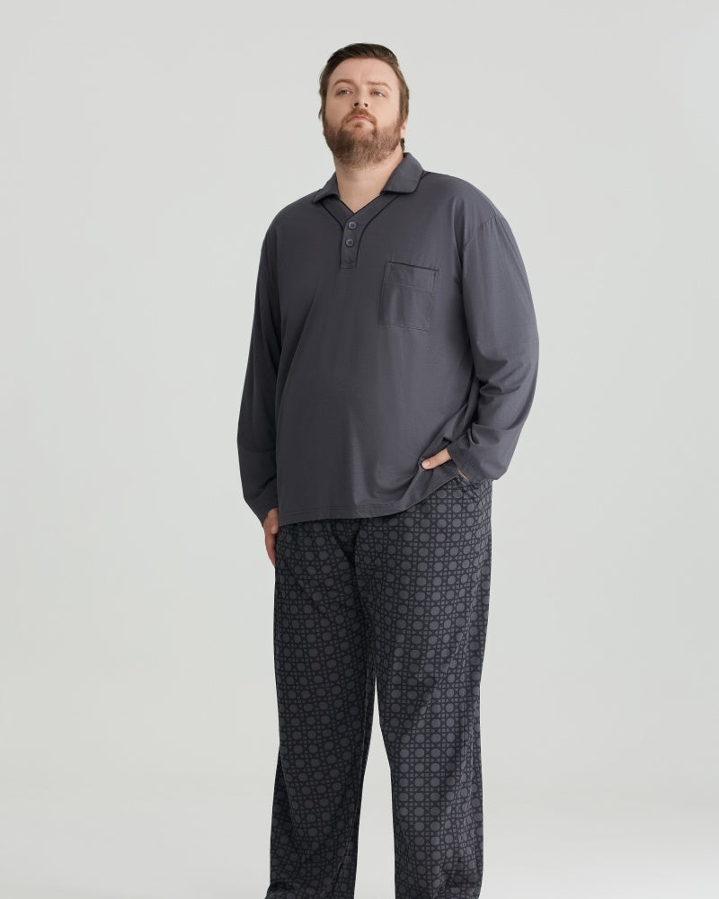 RC Modal Gray Solid Collared Top & Checkered Pants Long Sleeves Pajamas Set