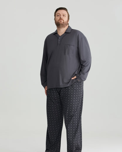 RC Modal Gray Solid Collared Top & Checkered Pants Long Sleeves Pajamas Set