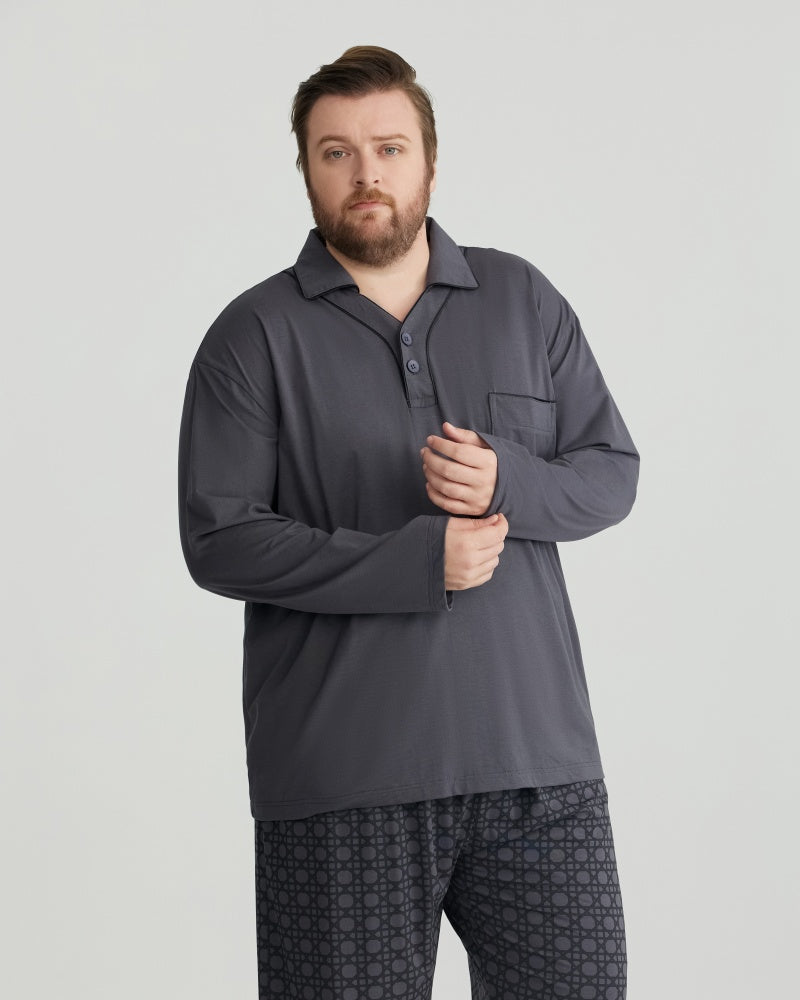 RC Modal Gray Solid Collared Top & Checkered Pants Long Sleeves Pajamas Set