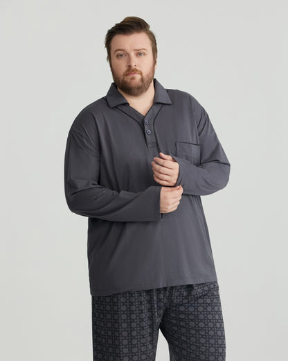 RC Modal Gray Solid Collared Top & Checkered Pants Long Sleeves Pajamas Set