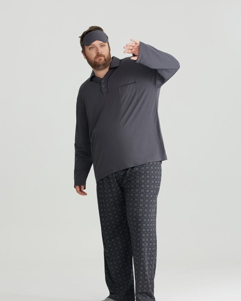 RC Modal Gray Solid Collared Top & Checkered Pants Long Sleeves Pajamas Set