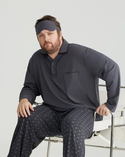 RC Modal Gray Solid Collared Top & Checkered Pants Long Sleeves Pajamas Set