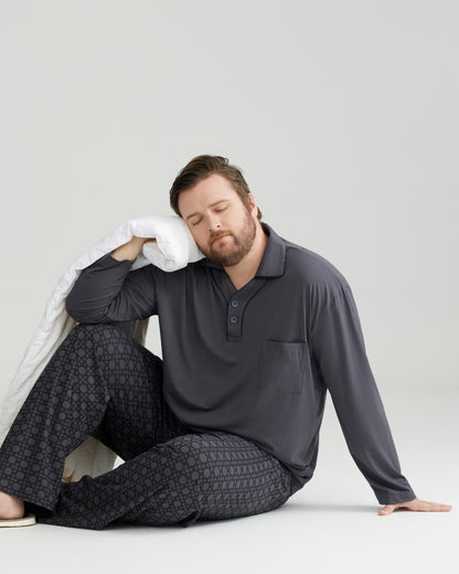 RC Modal Gray Solid Collared Top & Checkered Pants Long Sleeves Pajamas Set