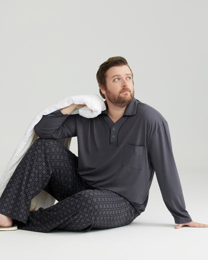 RC Modal Gray Solid Collared Top & Checkered Pants Long Sleeves Pajamas Set