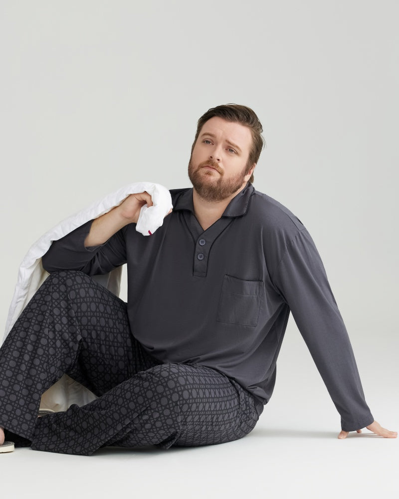 RC Modal Gray Solid Collared Top & Checkered Pants Long Sleeves Pajamas Set