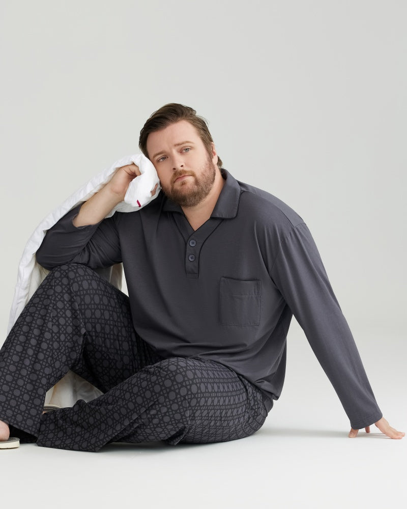 RC Modal Gray Solid Collared Top & Checkered Pants Long Sleeves Pajamas Set