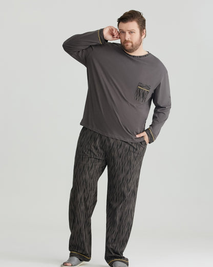 Ultra-Soft 100% Cotton Charcoal Pocket Top & Wavy Pants Long Sleeves Pajamas Set