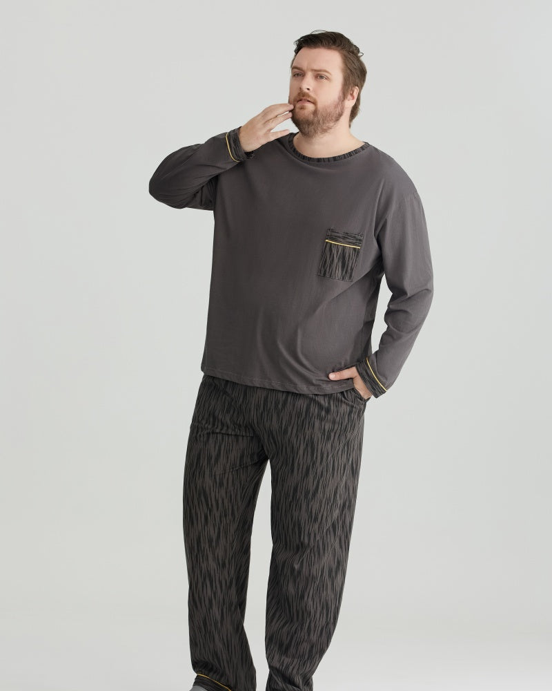 Ultra-Soft 100% Cotton Charcoal Pocket Top & Wavy Pants Long Sleeves Pajamas Set