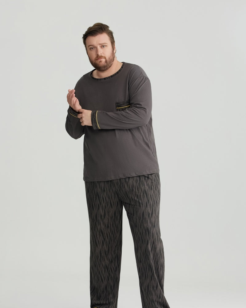 Ultra-Soft 100% Cotton Charcoal Pocket Top & Wavy Pants Long Sleeves Pajamas Set