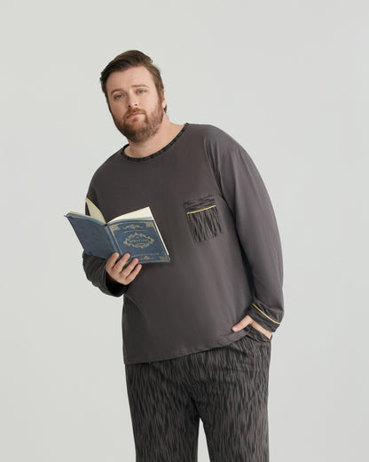 Ultra-Soft 100% Cotton Charcoal Pocket Top & Wavy Pants Long Sleeves Pajamas Set