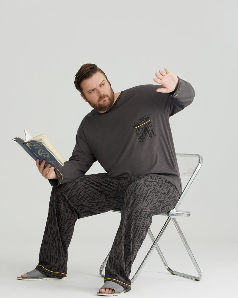 Ultra-Soft 100% Cotton Charcoal Pocket Top & Wavy Pants Long Sleeves Pajamas Set