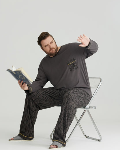 Ultra-Soft 100% Cotton Charcoal Pocket Top & Wavy Pants Long Sleeves Pajamas Set