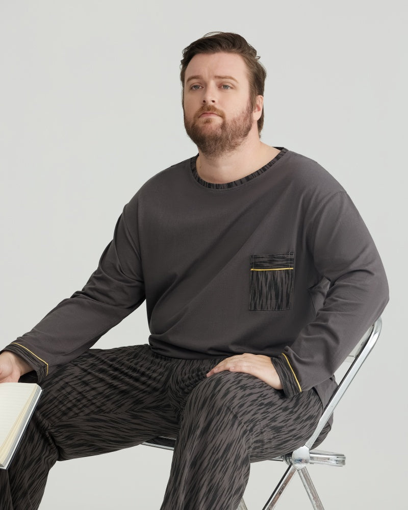 Ultra-Soft 100% Cotton Charcoal Pocket Top & Wavy Pants Long Sleeves Pajamas Set