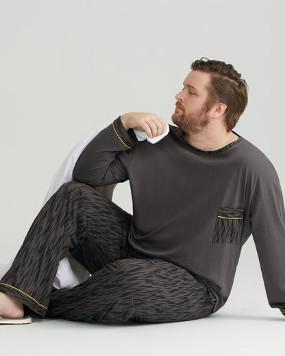 Ultra-Soft 100% Cotton Charcoal Pocket Top & Wavy Pants Long Sleeves Pajamas Set