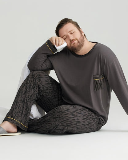 Ultra-Soft 100% Cotton Charcoal Pocket Top & Wavy Pants Long Sleeves Pajamas Set