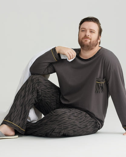 Ultra-Soft 100% Cotton Charcoal Pocket Top & Wavy Pants Long Sleeves Pajamas Set