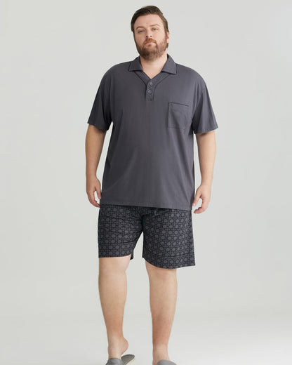 Gray Solid Top & Checkered Shorts RC Modal Pajama Set with Collar
