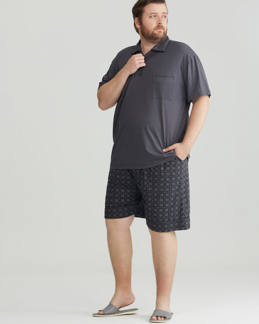 Gray Solid Top & Checkered Shorts RC Modal Pajama Set with Collar