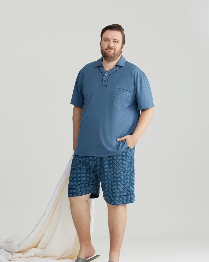 Blue Solid Top & Checkered Shorts RC Modal Pajama Set with Collar