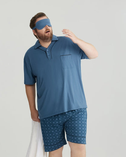 Blue Solid Top & Checkered Shorts RC Modal Pajama Set with Collar